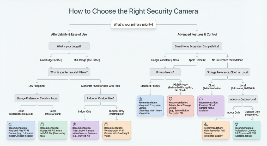 Flowchart helping users choose the right camera based on their priorities - budget, ecosystem, privacy needs, etc.]