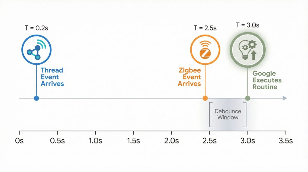 Timeline graphic showing the Thread event arriving at T=0.2s, the Zigbee event arriving at T=2.5s, and Google executing the routine at T=3.0s after the debounce window closes