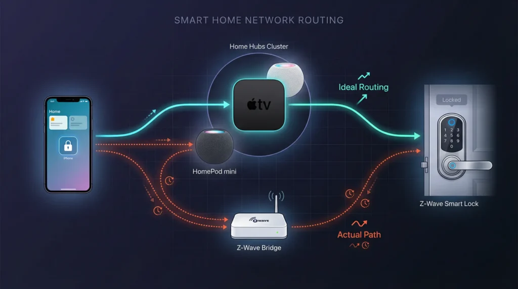 A home network diagram showing multiple Apple Home hubs, a Z‑Wave bridge, and the Z‑Wave lock