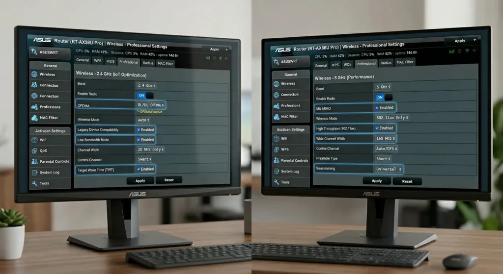 ASUS router optimal configuration comparison showing IoT-optimized 2.4 GHz settings alongside performance-optimized 5 GHz settings with OFDMA enabled