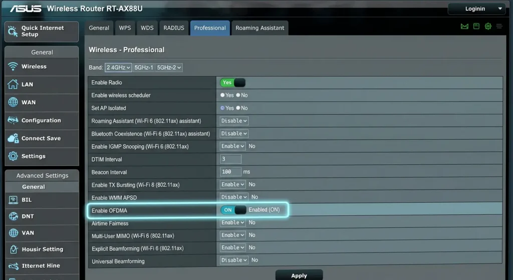 ASUS router wireless professional settings page showing how to disable OFDMA on 2.4 GHz band for IoT device compatibility