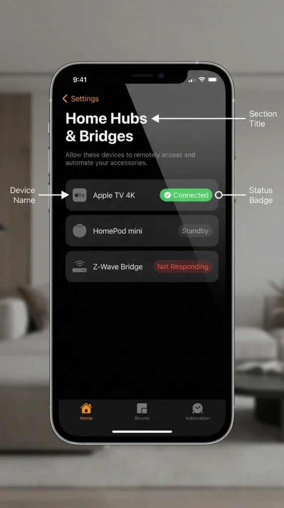 Apple Home app showing the Home Hubs & Bridges section