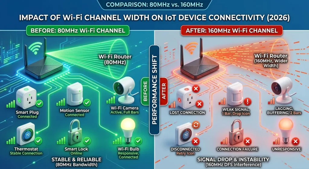 Before and after comparison of IoT device stability with 160MHz channel width disabled showing improved connectivity