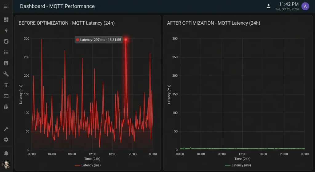 Before and after comparison of MQTT latency dashboard showing dramatic improvement from 2800ms to 45ms after VLAN optimization
