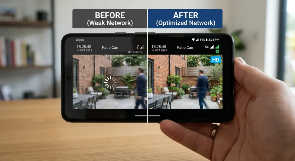 Before and after comparison of smart camera feed showing buffering issues resolved after Wi‑Fi 6E optimization