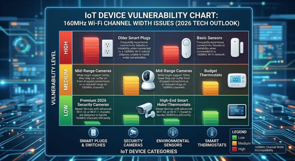 Chart categorizing IoT devices by risk level for instability caused by 160MHz Wi-Fi channel width