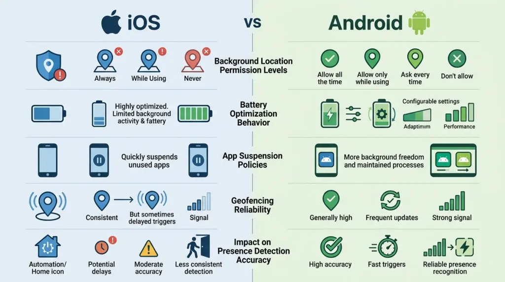 Comparison chart of iOS and Android operating system restrictions affecting smartphone presence detection reliability