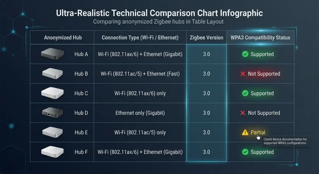 Comparison chart showing WPA3 compatibility status of popular Zigbee hubs including SmartThings, Wink, Philips Hue, and Hubitat