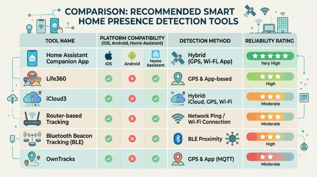 Comparison table of recommended presence detection tools for Home Assistant, SmartThings, and Hubitat platforms