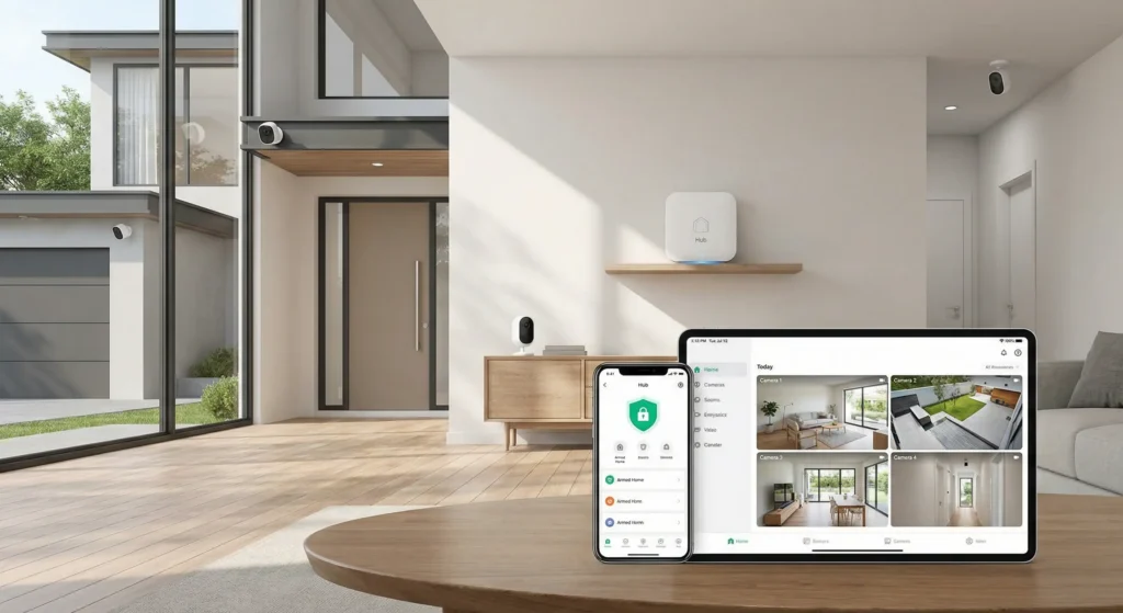 Complete smart home security setup showing multiple cameras integrated with smart home hub and mobile app control