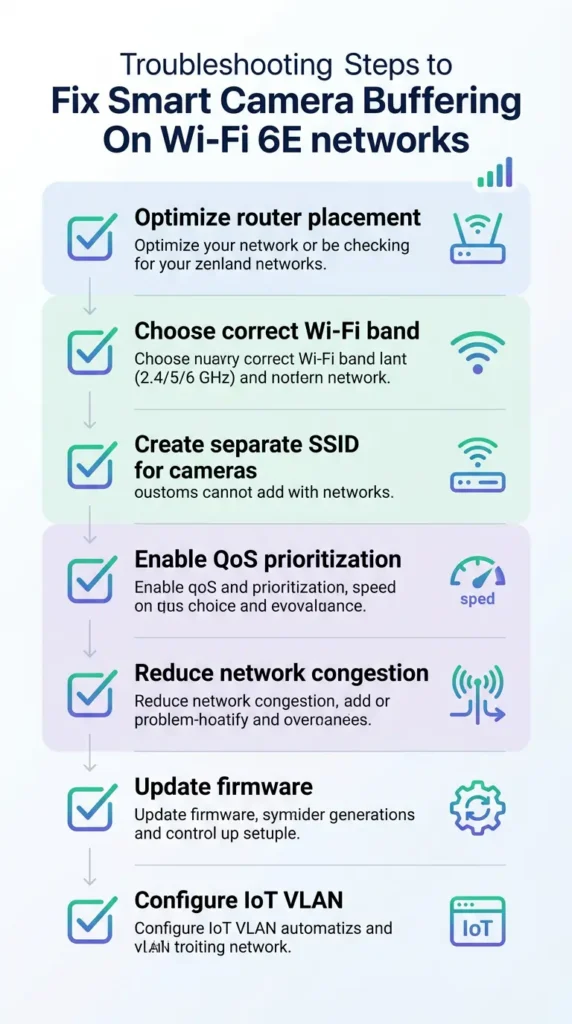 Complete troubleshooting checklist infographic for fixing smart camera buffering issues on Wi‑Fi 6E networks