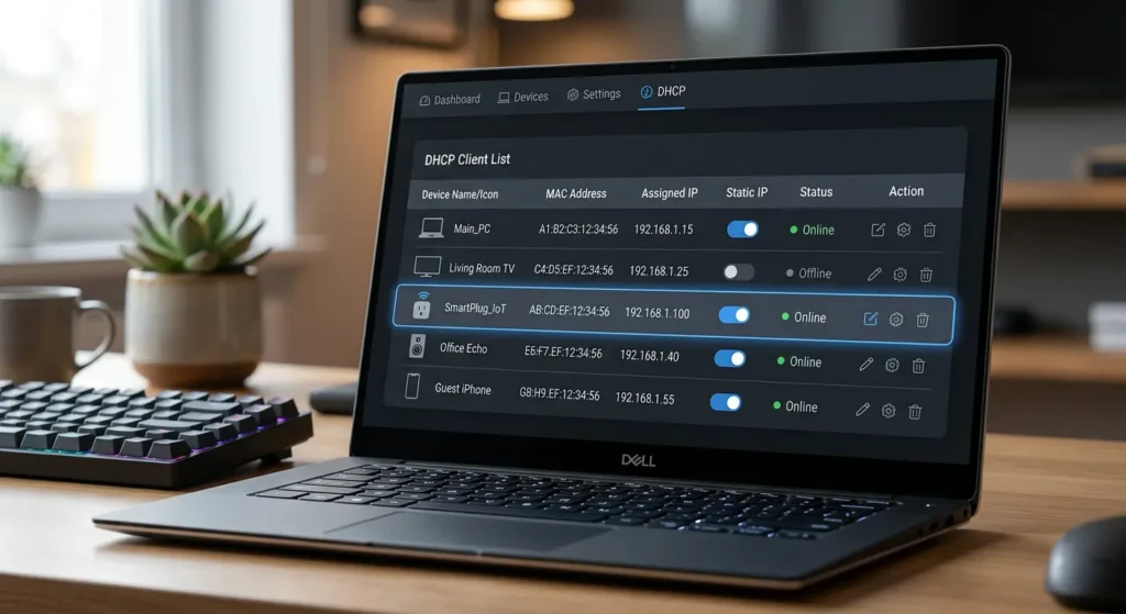 DHCP reservation settings assigning static IP addresses to smart plugs for stable connection