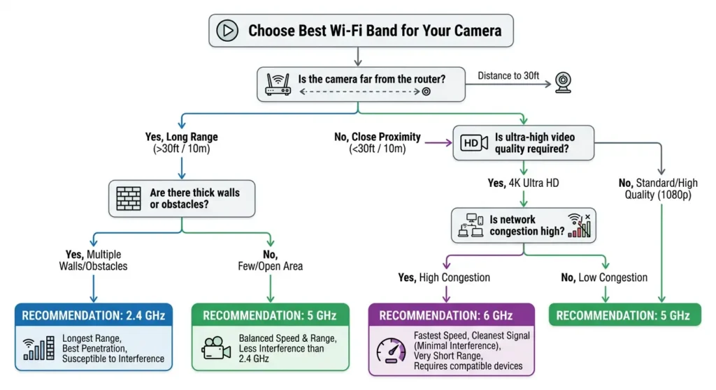 Decision flowchart helping users choose between 2.4 GHz, 5 GHz, and 6 GHz bands for smart camera placement