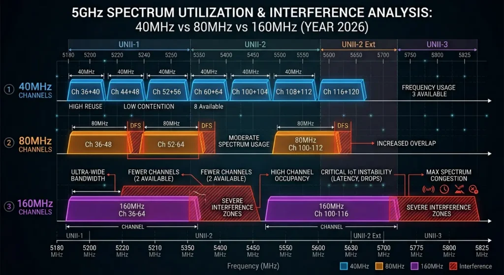 Diagram showing 160MHz channel width spectrum occupation in the 5GHz Wi-Fi band causing overlap and congestion