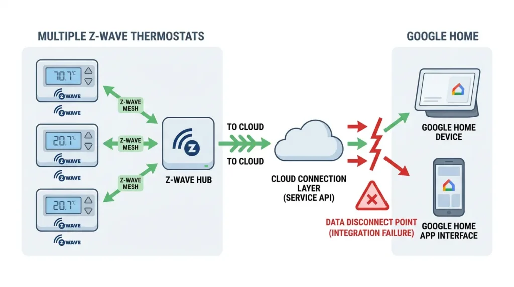 Diagram showing how Z-Wave thermostats communicate through a hub to Google Home, highlighting where the data disconnect occurs