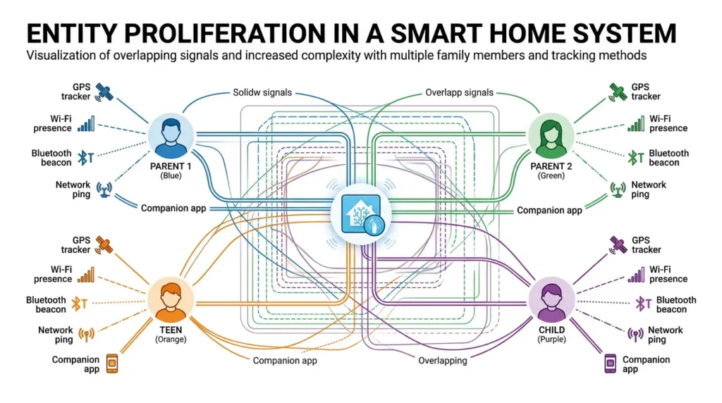Diagram showing how multiple family members and tracking methods create entity proliferation in presence detection systems