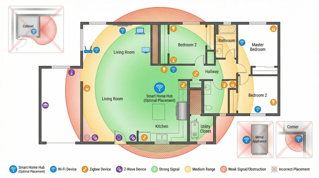 Diagram showing optimal hub placement in a home environment