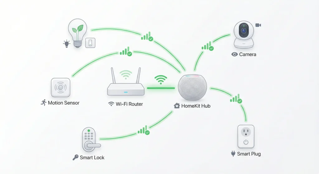 Diagram showing proper HomeKit hub setup with WiFi router and connected devices