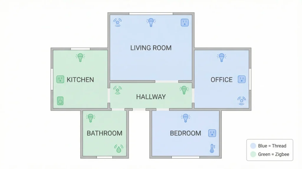 Floor plan diagram showing rooms color-coded by protocol — Thread rooms in blue, Zigbee rooms in green — with one protocol per room