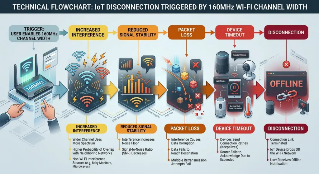 Flowchart explaining how 160MHz channel width leads to IoT device instability through DFS events interference and signal loss
