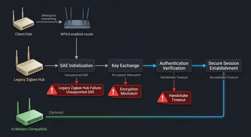 Flowchart illustrating WPA3 SAE authentication steps and failure points for older Zigbee hub Wi-Fi chips