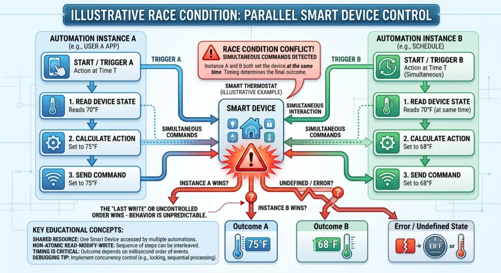 Flowchart illustrating how race conditions occur when two parallel automation instances try to control the same smart device simultaneously