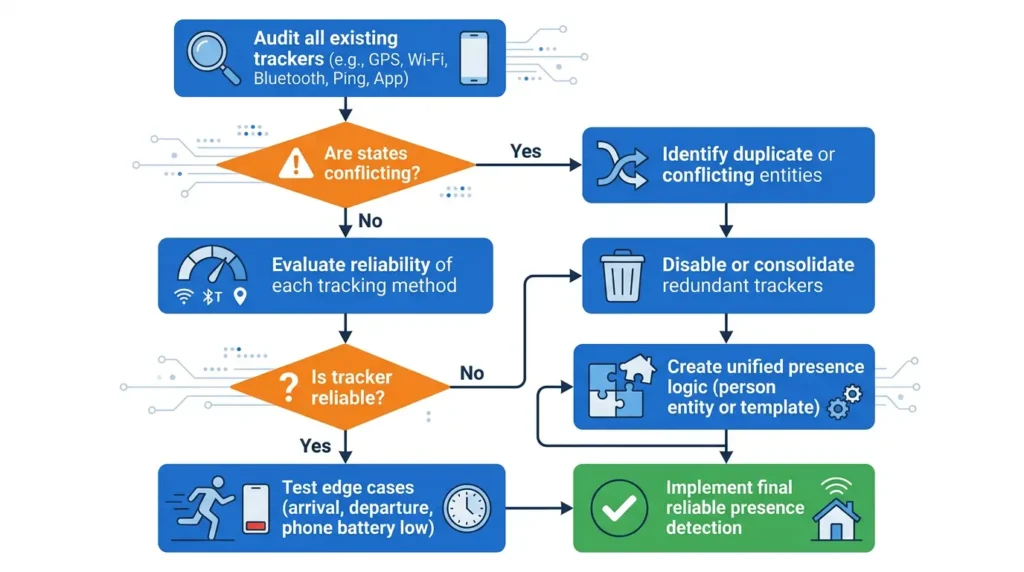 Flowchart illustrating the eight-step process to fix presence detection failures with multiple smartphone trackers