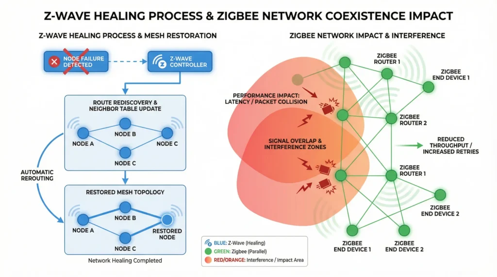 Flowchart showing Z-Wave healing process and its impact on Zigbee network