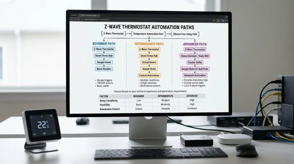 Flowchart showing recommended automation setup paths for beginner, intermediate, and advanced smart home users with Z-Wave thermostats