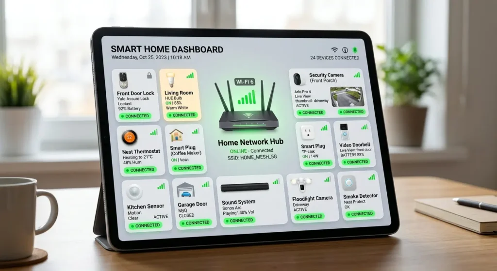 Fully connected smart home dashboard showing all IoT devices online after optimizing ASUS router OFDMA settings