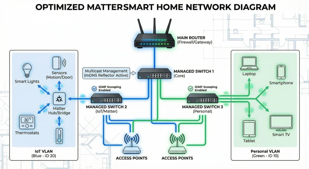Fully optimized smart home network diagram showing proper VLAN segmentation IGMP Snooping and multicast management for reliable Matter device communication