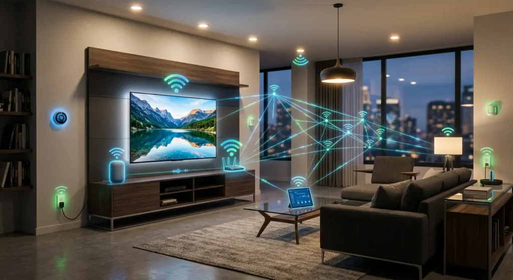 Fully optimized smart home network with all smart plugs connected during 4K streaming session