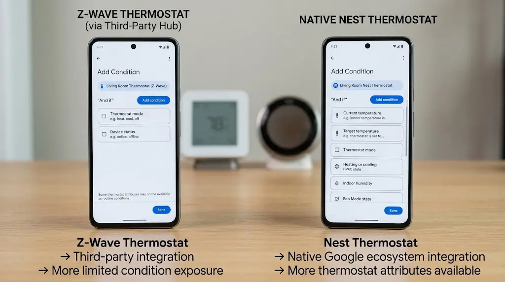 Google Home app routine editor showing limited condition options for Z-Wave thermostat devices compared to native Nest thermostats