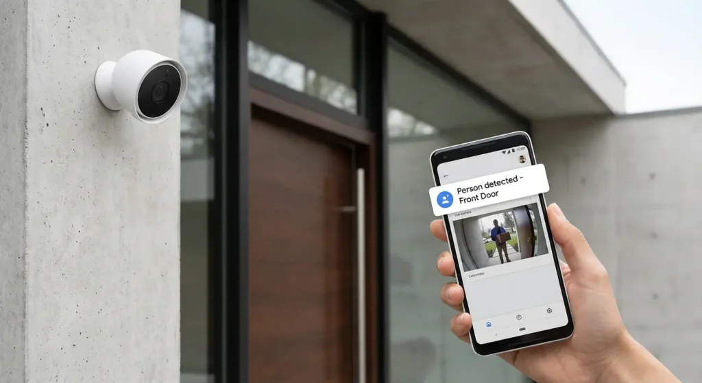 Google Nest Cam mounted on home exterior with smartphone showing specific "Person detected" notification