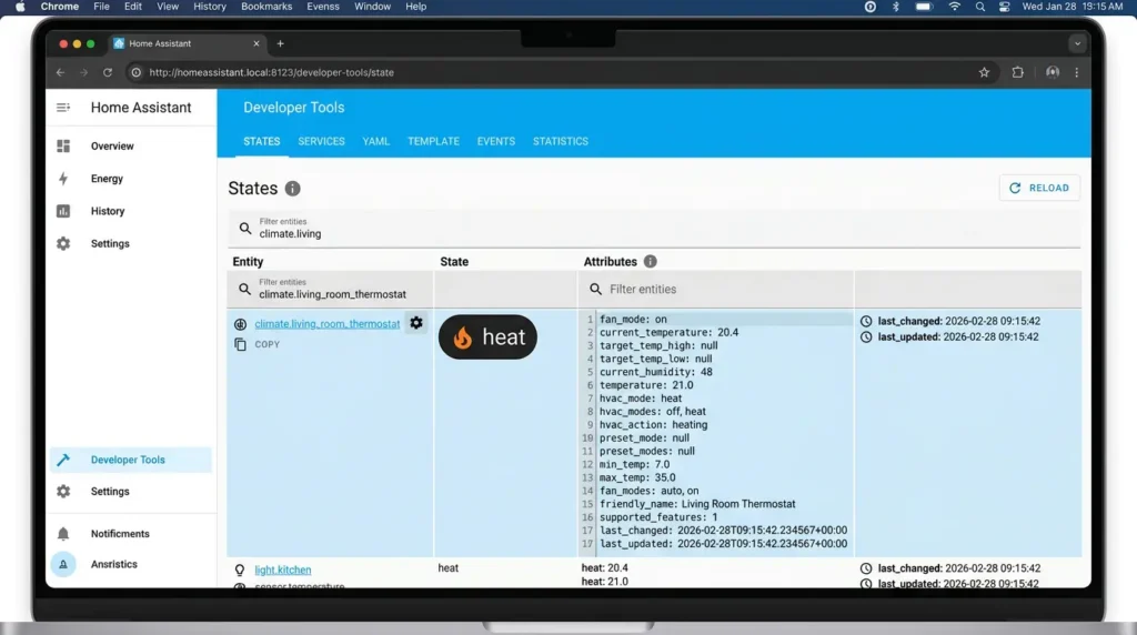 Home Assistant Developer Tools States panel displaying different last_changed and last_updated timestamps proving attribute-only change