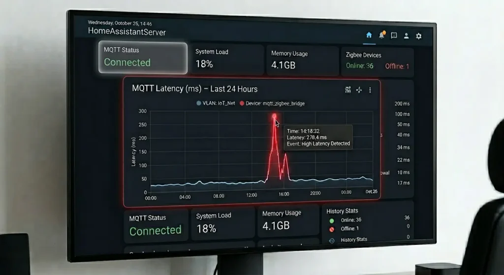 Home Assistant Grafana dashboard showing MQTT latency measurements over 24 hours with annotated latency spike