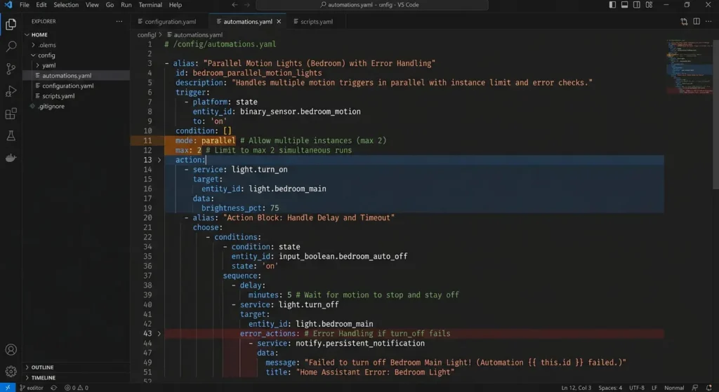 Home Assistant YAML configuration example showing the correct way to set up parallel mode with max instances limit and error handling