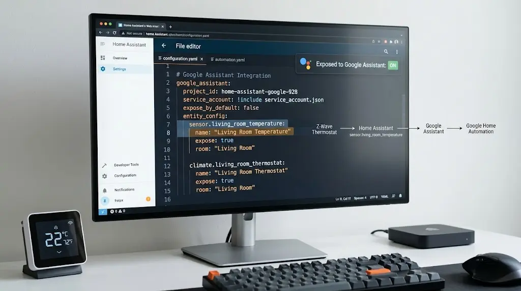 Home Assistant YAML configuration file showing Google Assistant integration with Z-Wave thermostat sensor entity exposed separately