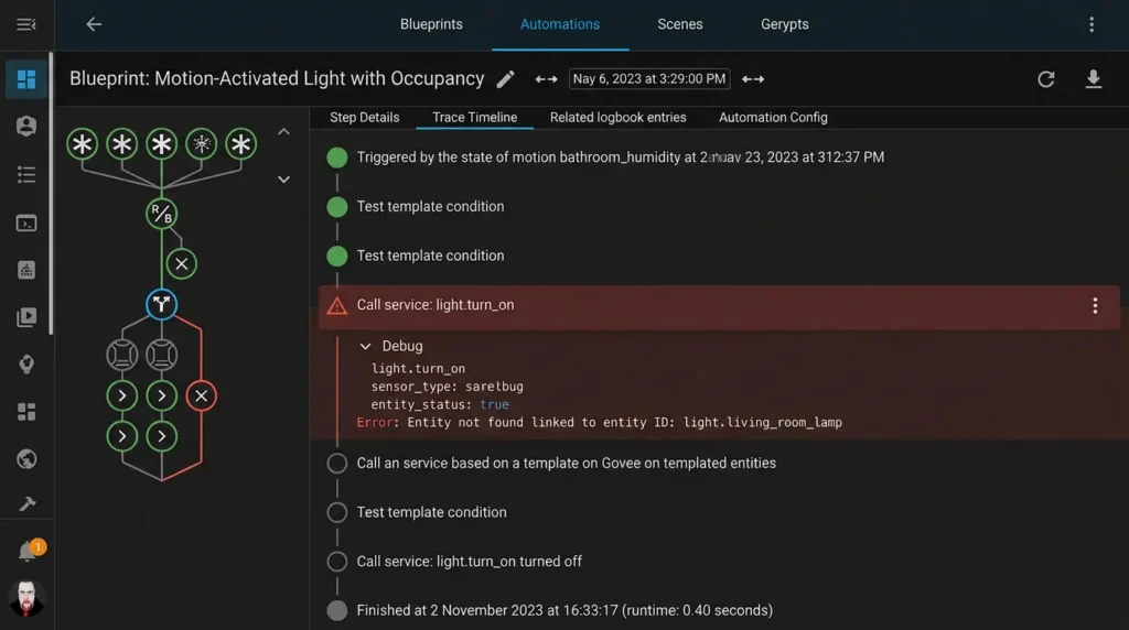Home Assistant automation trace log displaying error for unknown entity ID after renaming device entity