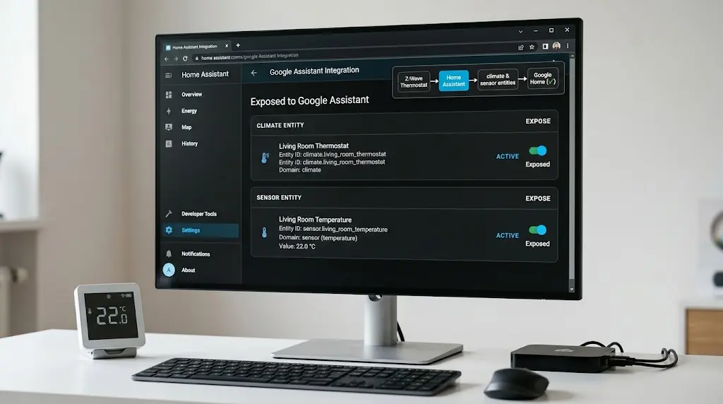Home Assistant configuration screen showing separate exposure of Z-Wave thermostat climate and sensor entities for Google Home integration