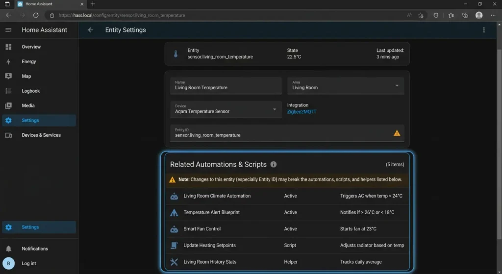 Home Assistant entity related section showing connected automations and scripts for easy troubleshooting