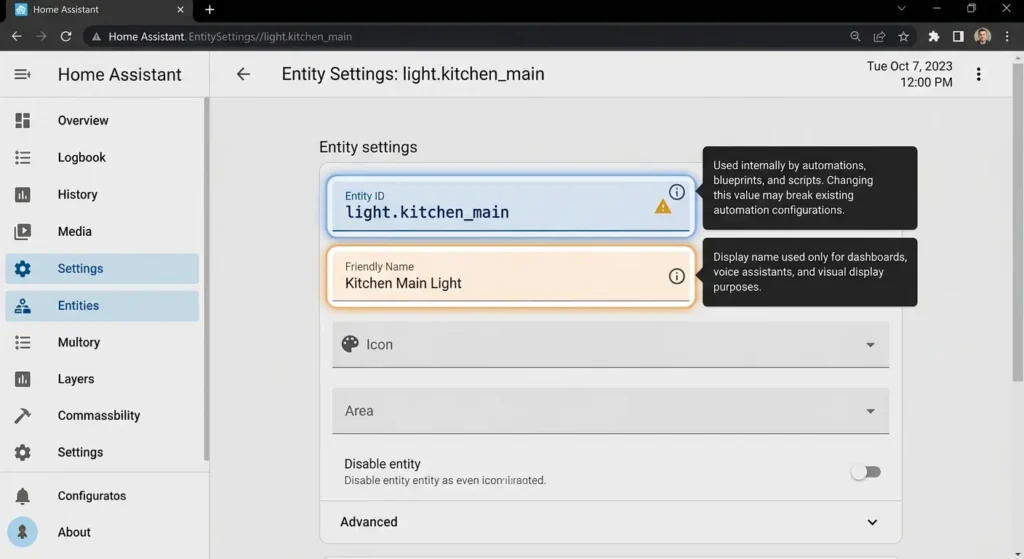 Home Assistant entity settings showing separate fields for friendly name and entity ID to prevent blueprint automation failures
