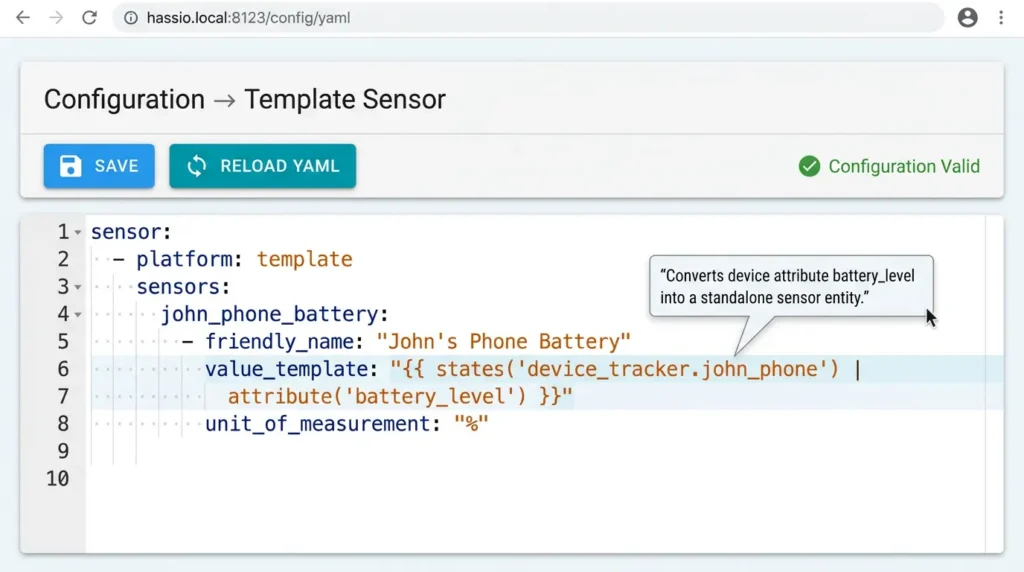 Home Assistant template sensor YAML configuration converting thermostat humidity attribute into standalone sensor entity