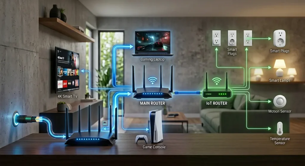Home network diagram with dedicated IoT router for smart plugs separated from main streaming router