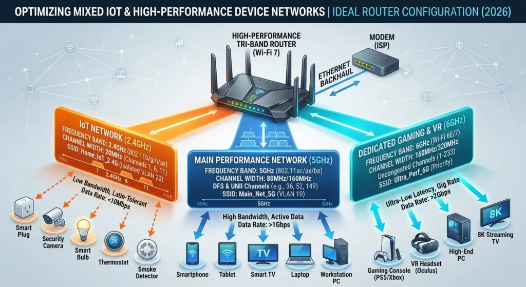 Ideal router settings infographic for stable IoT devices and fast Wi-Fi with proper channel width configuration