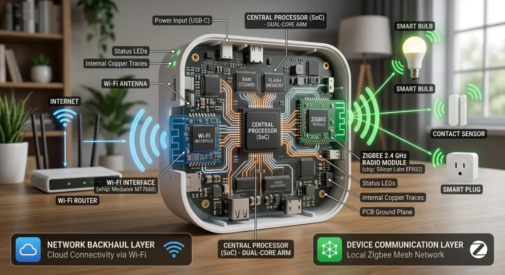 Illustration of Zigbee hub dual radio architecture showing Zigbee radio connecting to smart devices and Wi-Fi radio connecting to home router