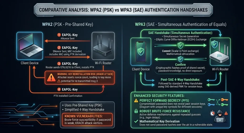 Infographic comparing WPA2 PSK authentication handshake versus WPA3 SAE authentication handshake process