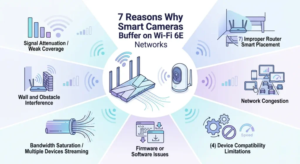 Infographic illustrating 7 reasons smart cameras buffer on Wi‑Fi 6E networks including band steering and firmware issues