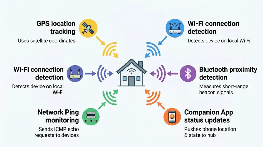 Infographic illustrating five smartphone presence detection methods used in smart home systems including GPS, Wi-Fi, Bluetooth, network ping, and companion apps