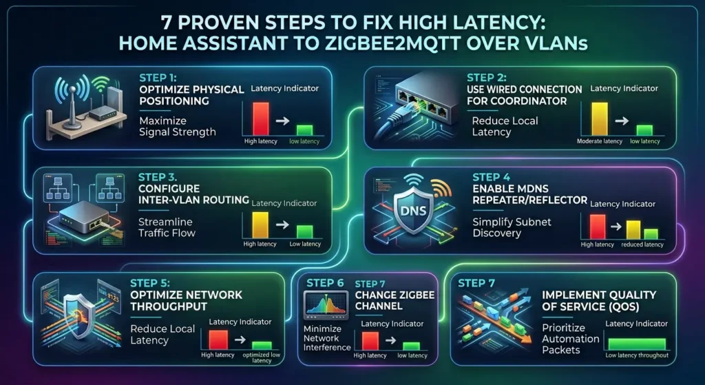 Infographic showing 7 steps to fix Home Assistant Zigbee2MQTT VLAN latency with expected improvement percentages for each optimization